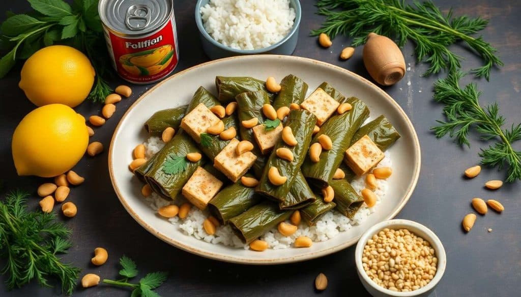 Feuilles de vigne farcies à la mode vegan : tofu aromatisé et pignons de pin dorés