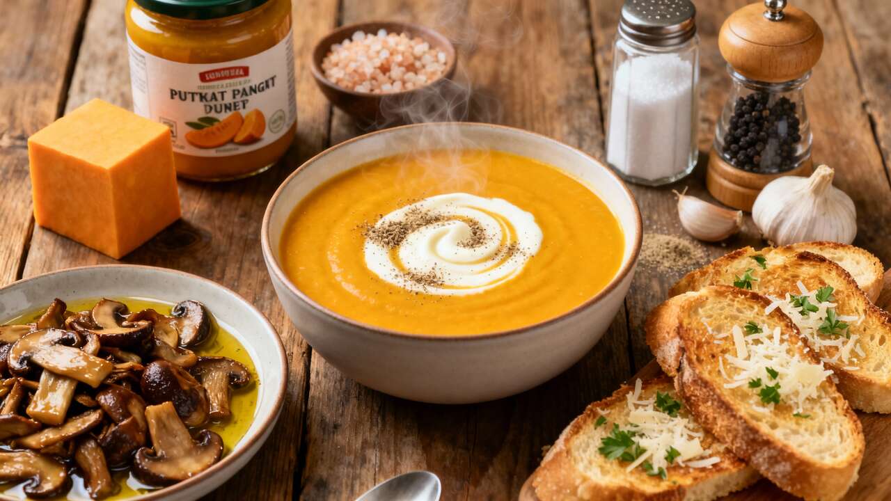 Velout&eacute; de butternut : recette gourmande avec fricass&eacute;e de champignons et tartines