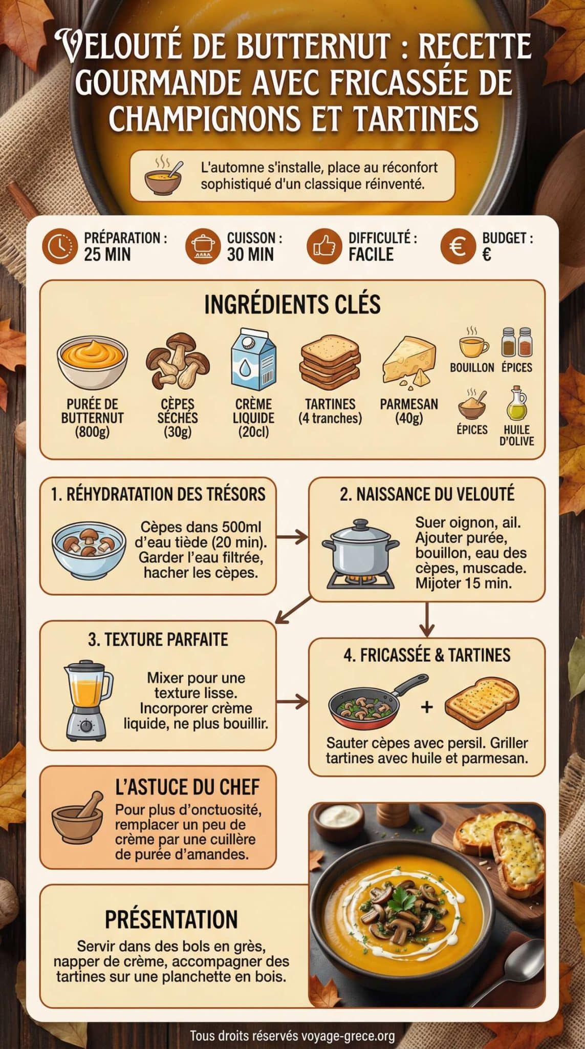 Infographie de la recette Velouté de butternut : recette gourmande avec fricassée de champignons et tartines Infographie de la recette Velouté de butternut : recette gourmande avec fricassée de champignons et tartines