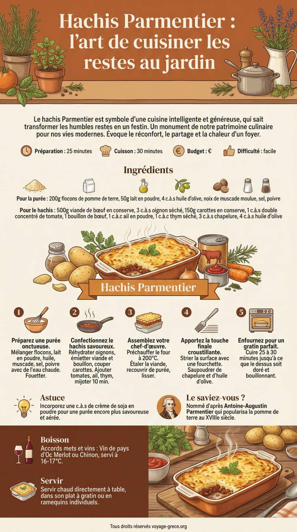 Infographie de la recette Hachis Parmentier : l'art de cuisiner les restes au jardin