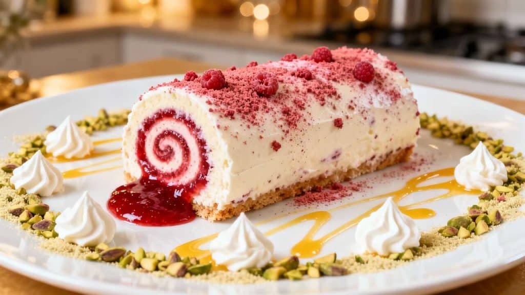 Bûche de Noël glacée : semifreddo framboises et pistaches