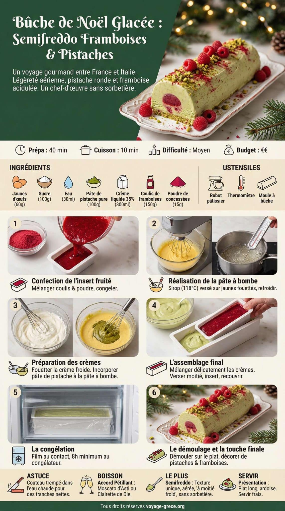 Fiche recette Bûche de Noël glacée : semifreddo framboises et pistaches Fiche recette Bûche de Noël glacée : semifreddo framboises et pistaches