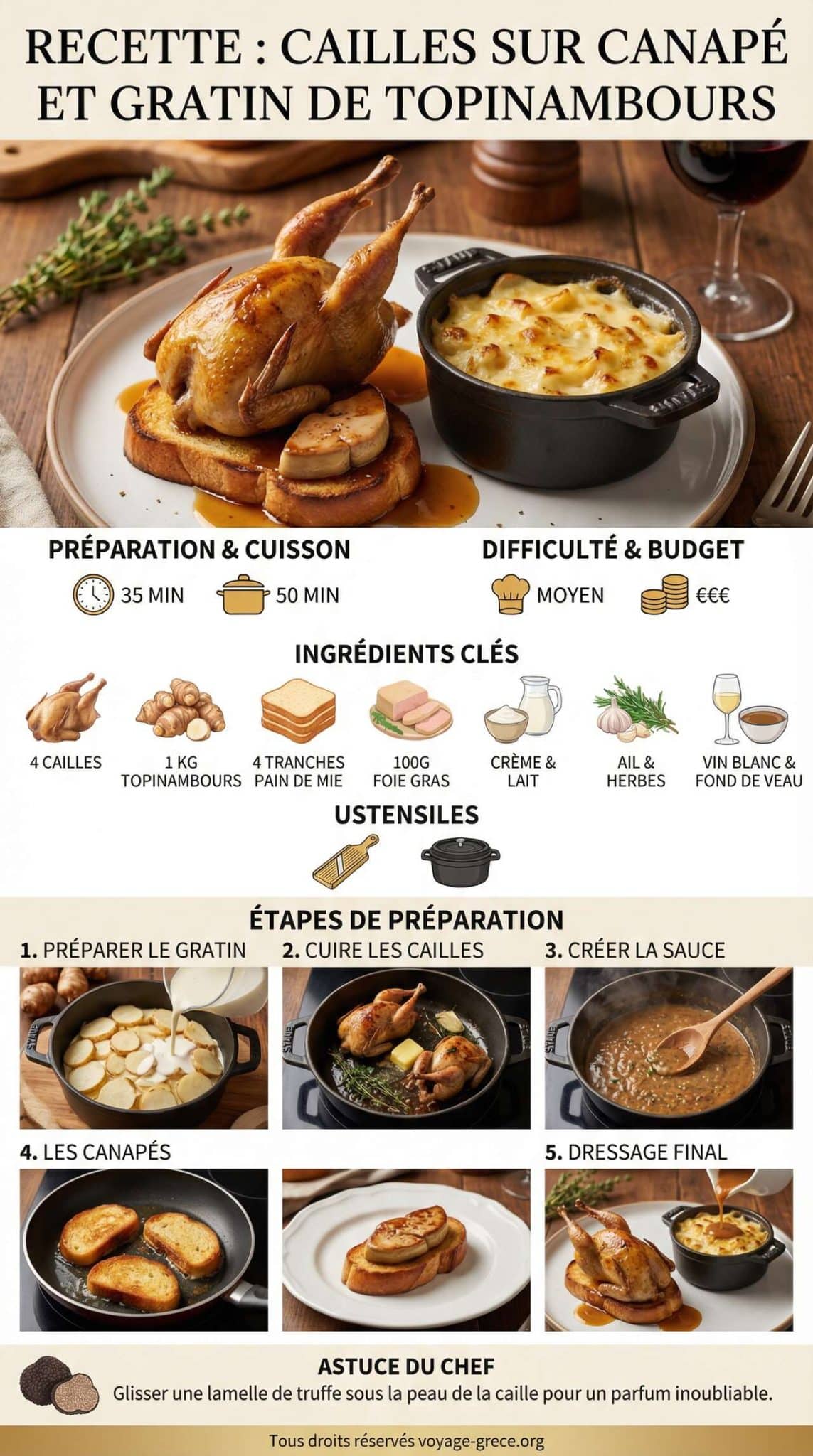 Fiche recette Recette : cailles sur canapé et gratin de topinambours Fiche recette Recette : cailles sur canapé et gratin de topinambours