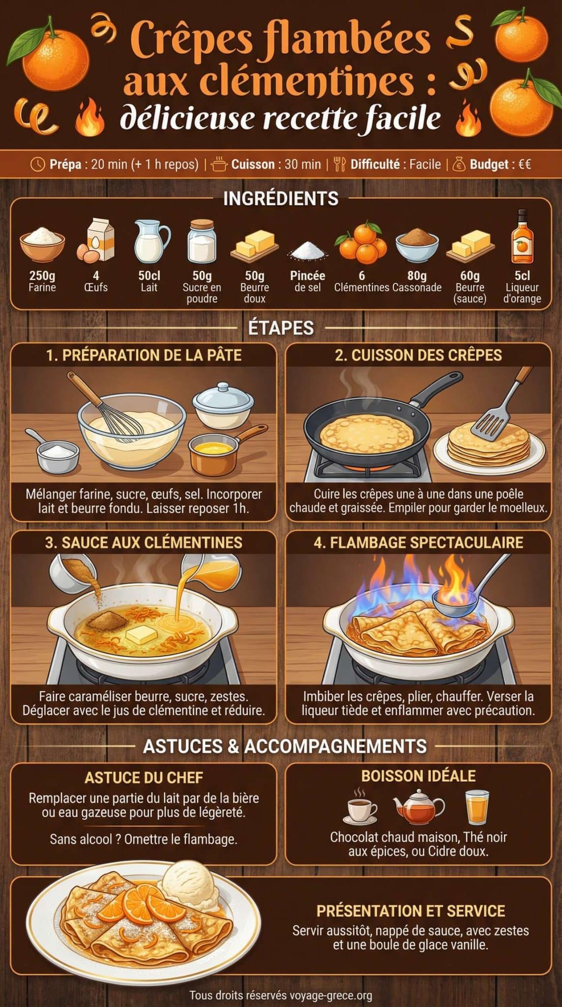 Fiche recette Crêpes flambées aux clémentines : délicieuse recette facile Fiche recette Crêpes flambées aux clémentines : délicieuse recette facile