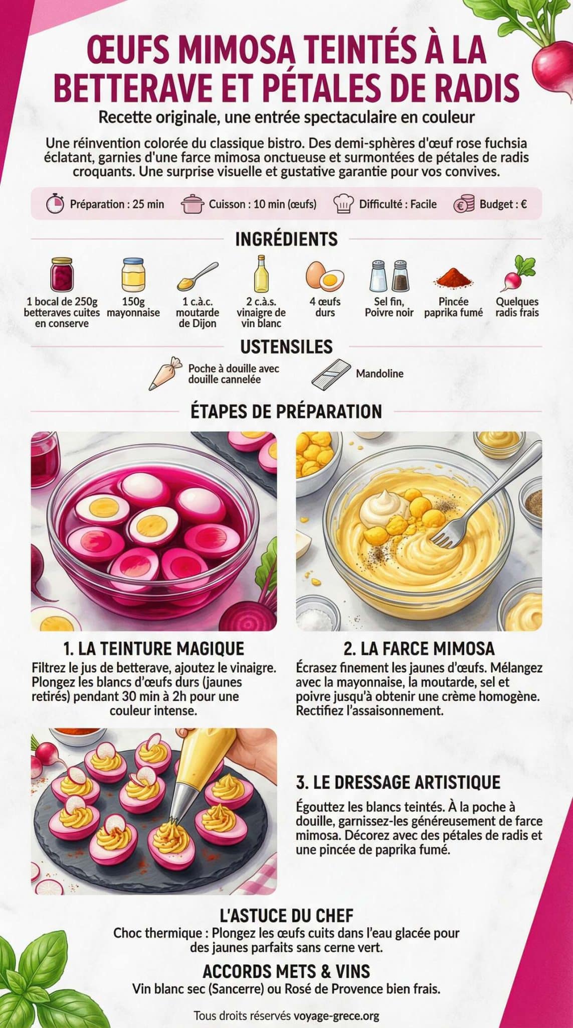 Fiche recette Oeufs mimosa teintés à la betterave et pétales de radis : recette originale Fiche recette Oeufs mimosa teintés à la betterave et pétales de radis : recette originale