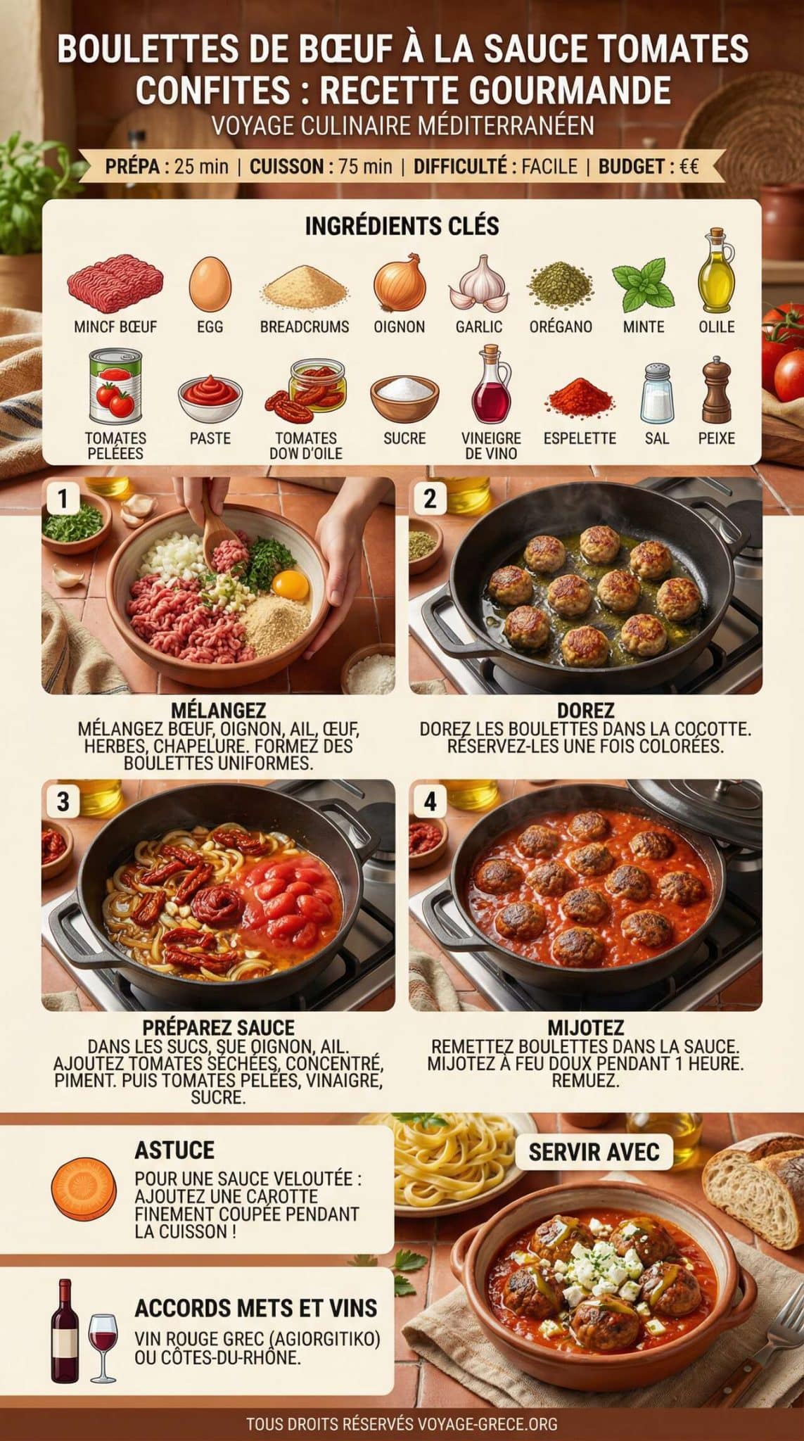 Fiche recette Boulettes de bœuf à la sauce tomates confites : recette gourmande Fiche recette Boulettes de bœuf à la sauce tomates confites : recette gourmande