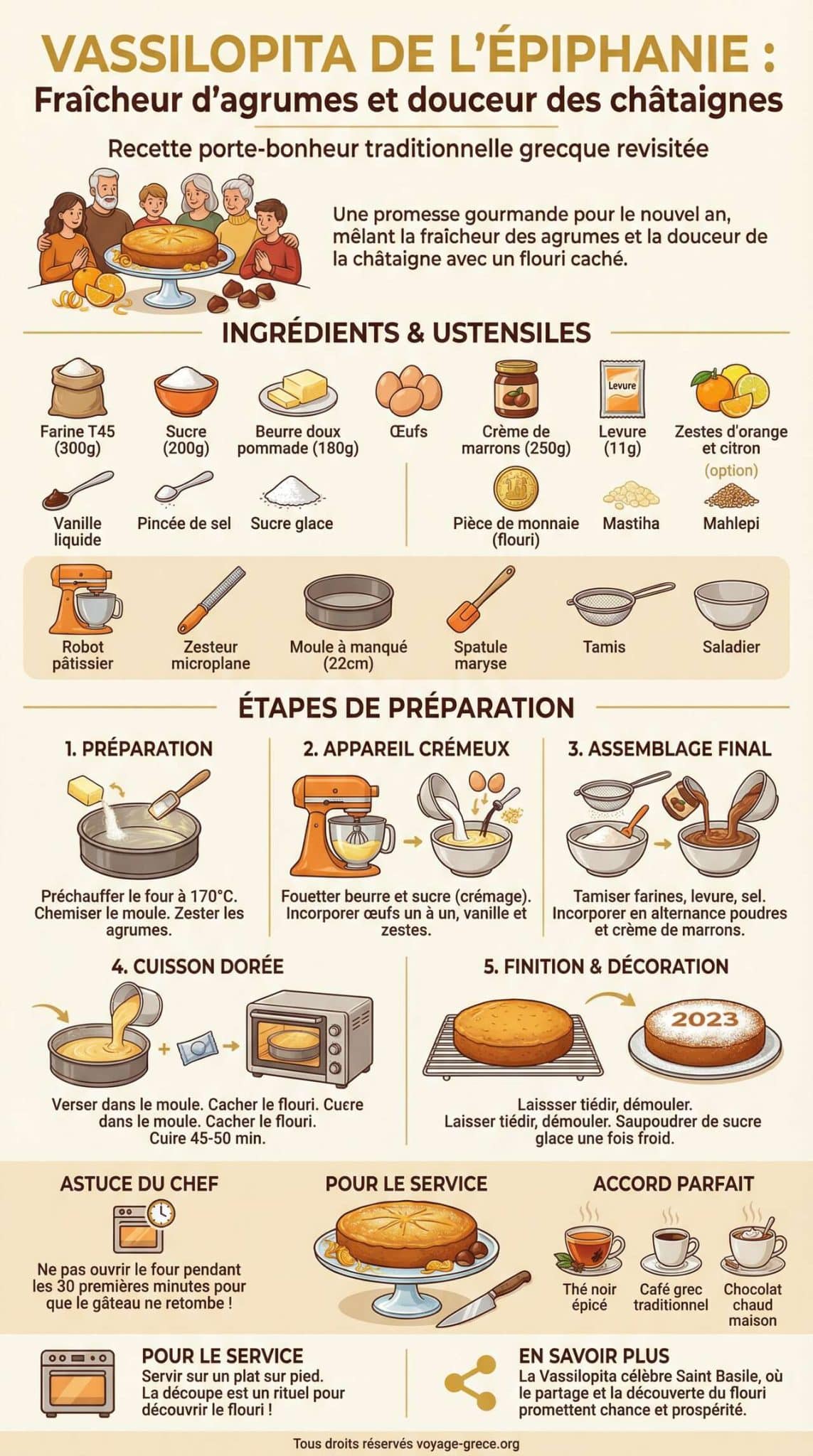 Fiche recette Vassilopita de l'Épiphanie : fraîcheur d'agrumes et douceur des châtaignes Fiche recette Vassilopita de l'Épiphanie : fraîcheur d'agrumes et douceur des châtaignes