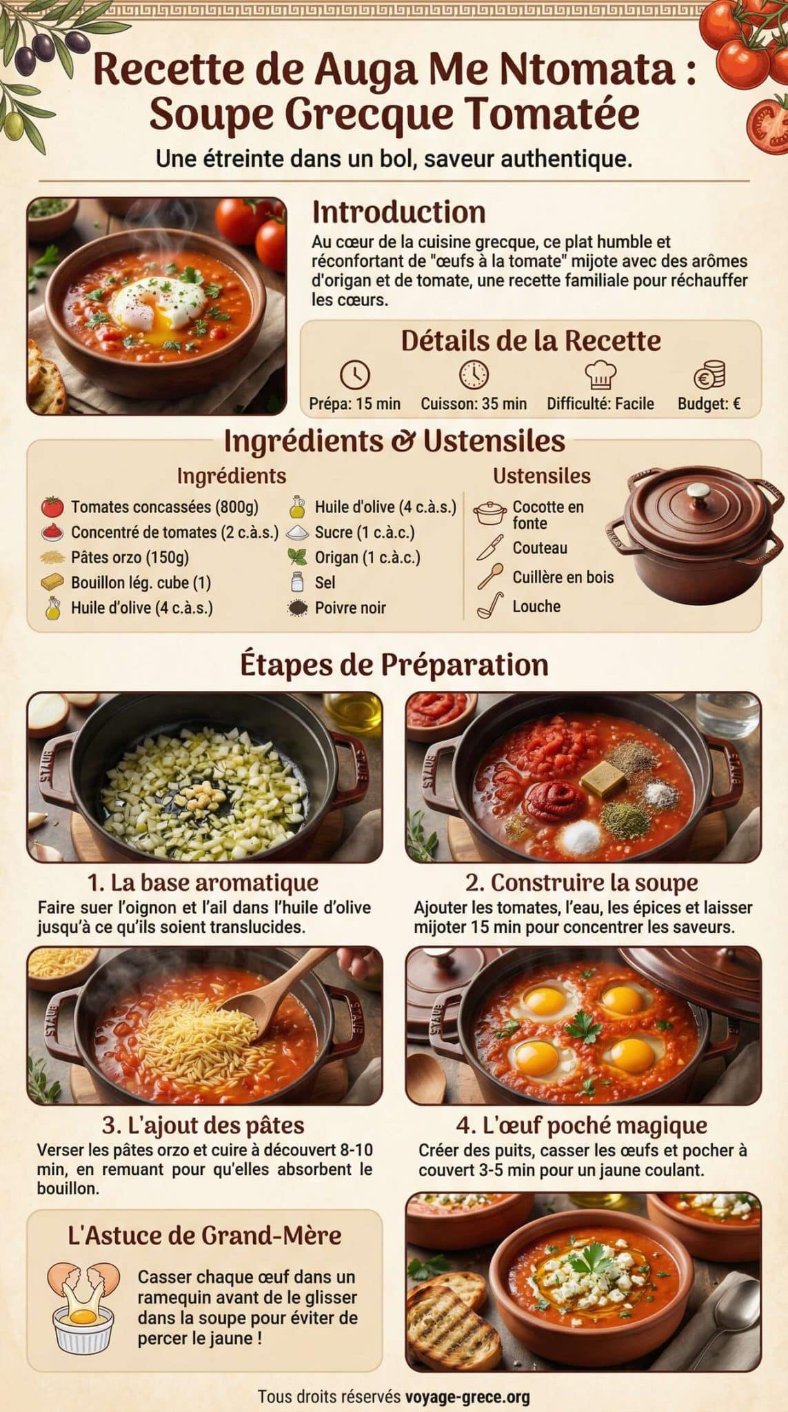 Fiche recette Recette de Auga Me Ntomata : soupe Grecque Tomat&eacute;e