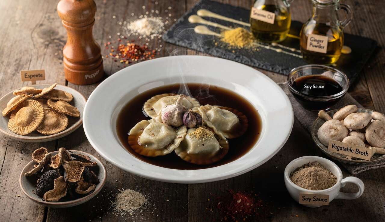 Bouillon à l'ail noir et ravioles de cèpes : recette gourmande