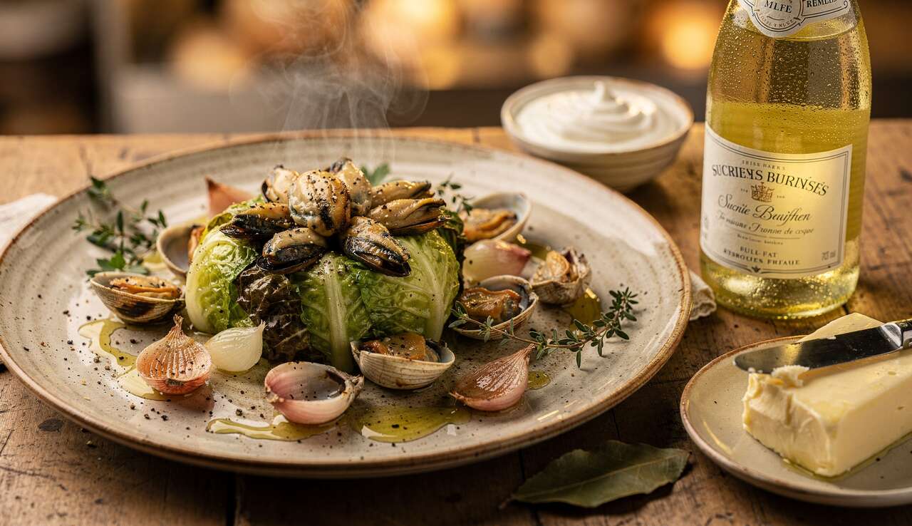 Sucrines braisées aux moules et coques : recette gourmande