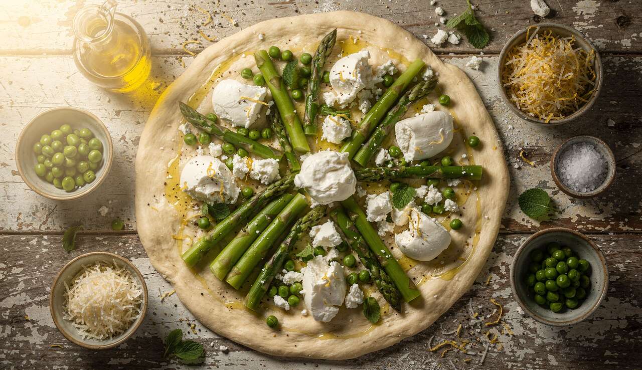 Pizza printanière : recette aux asperges et petits pois