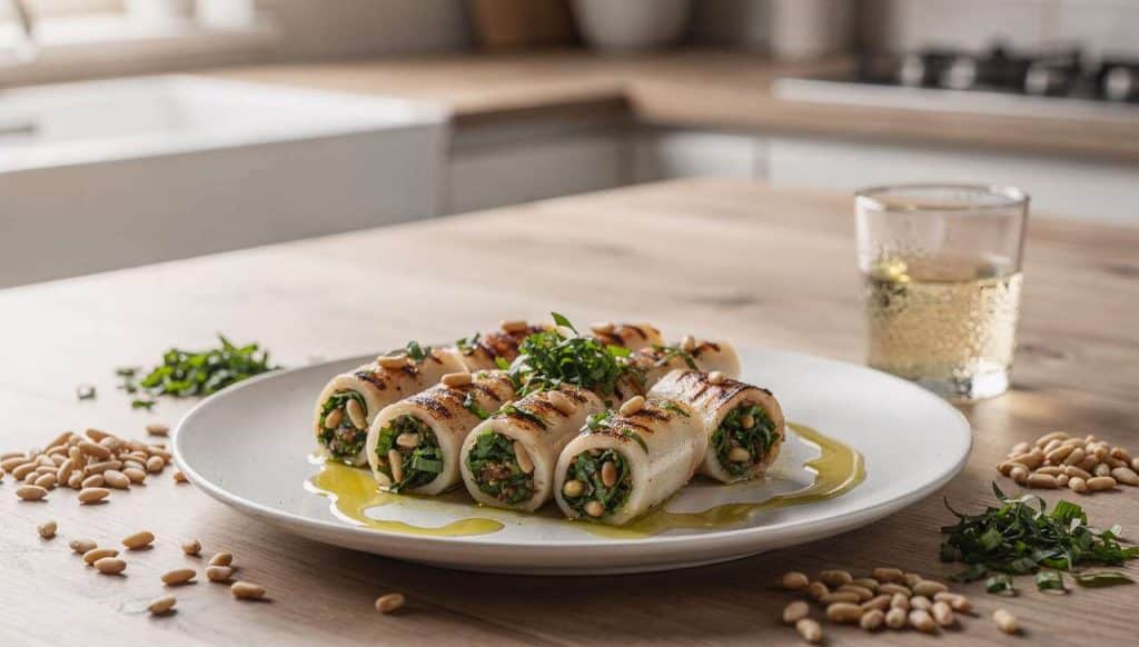 Calmars farcis : recette aux herbes vertes et pignons de pin