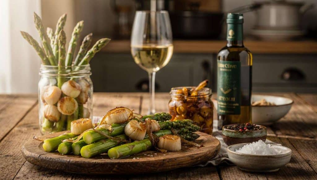 Recette d'asperges vertes, saint-Jacques et échalotes