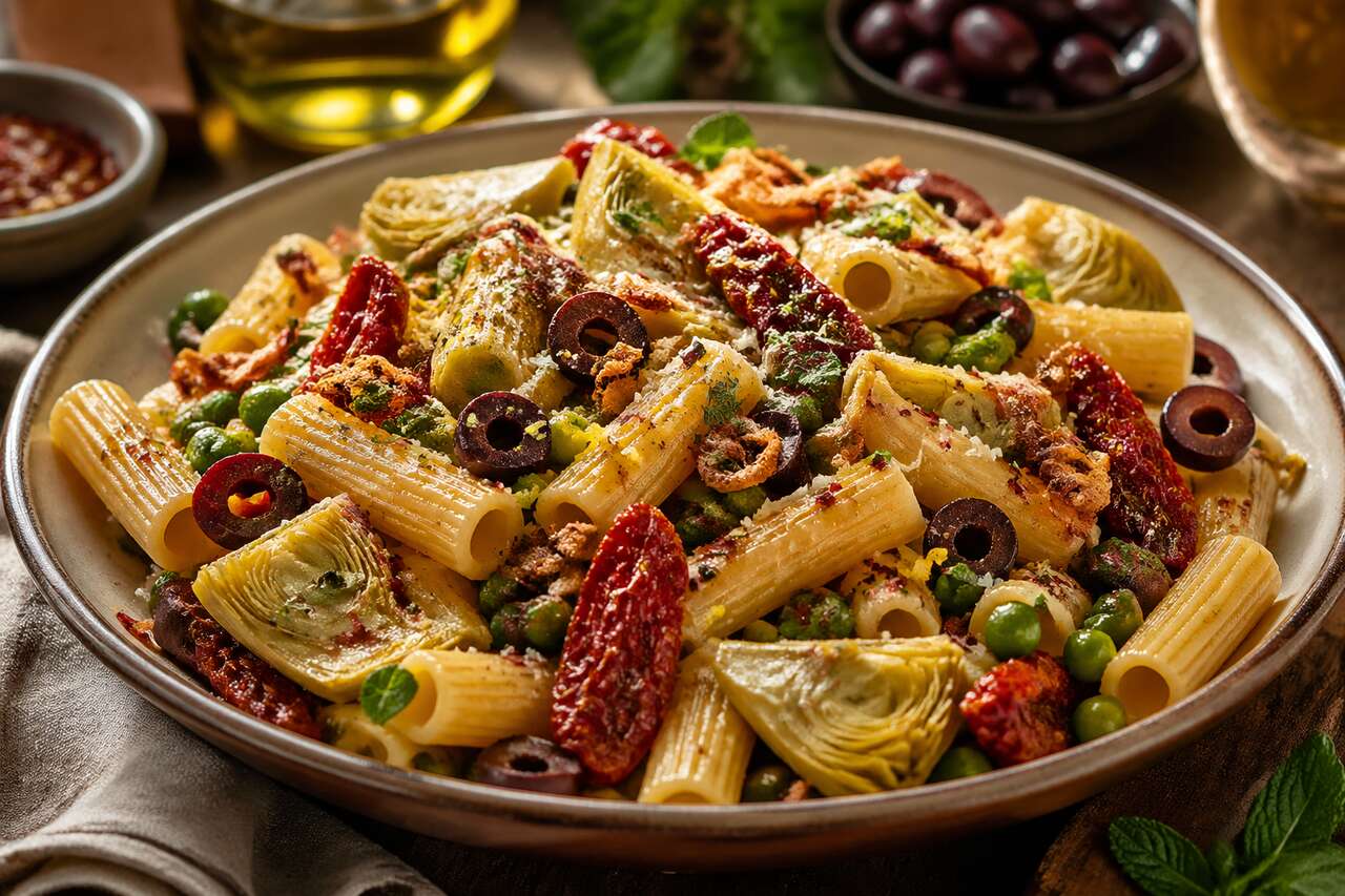 Pâtes aux artichauts, petits pois et olives : recette savoureuse