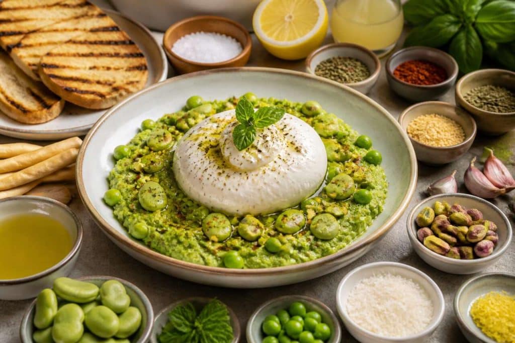 Burrata au pesto de fèves et petits pois : une recette gourmande