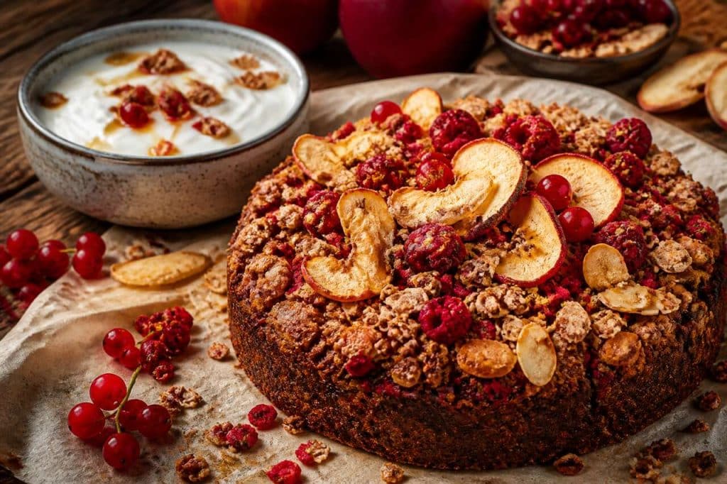Gâteau granola aux fruits rouges et pomme : recette gourmande