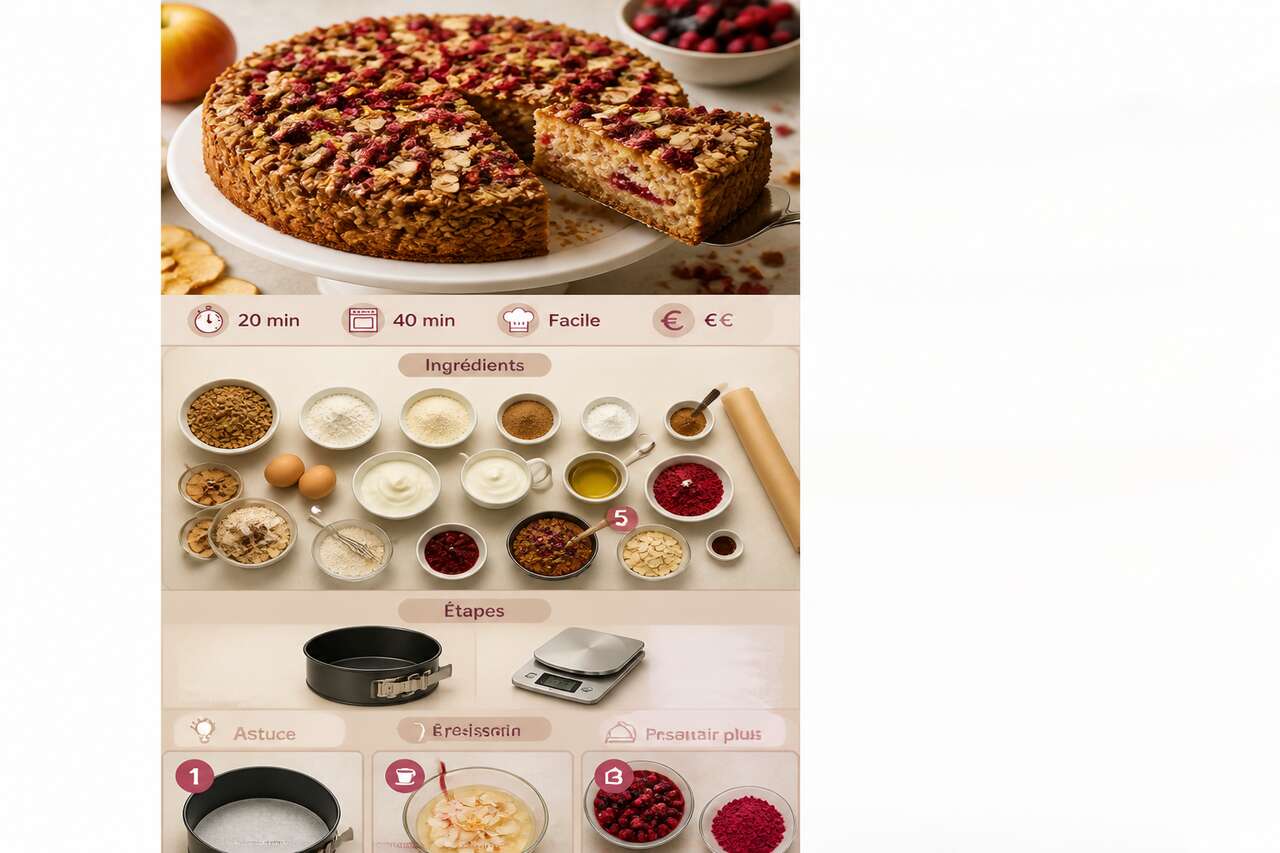Fiche recette G&acirc;teau granola aux fruits rouges et pomme : recette gourmande