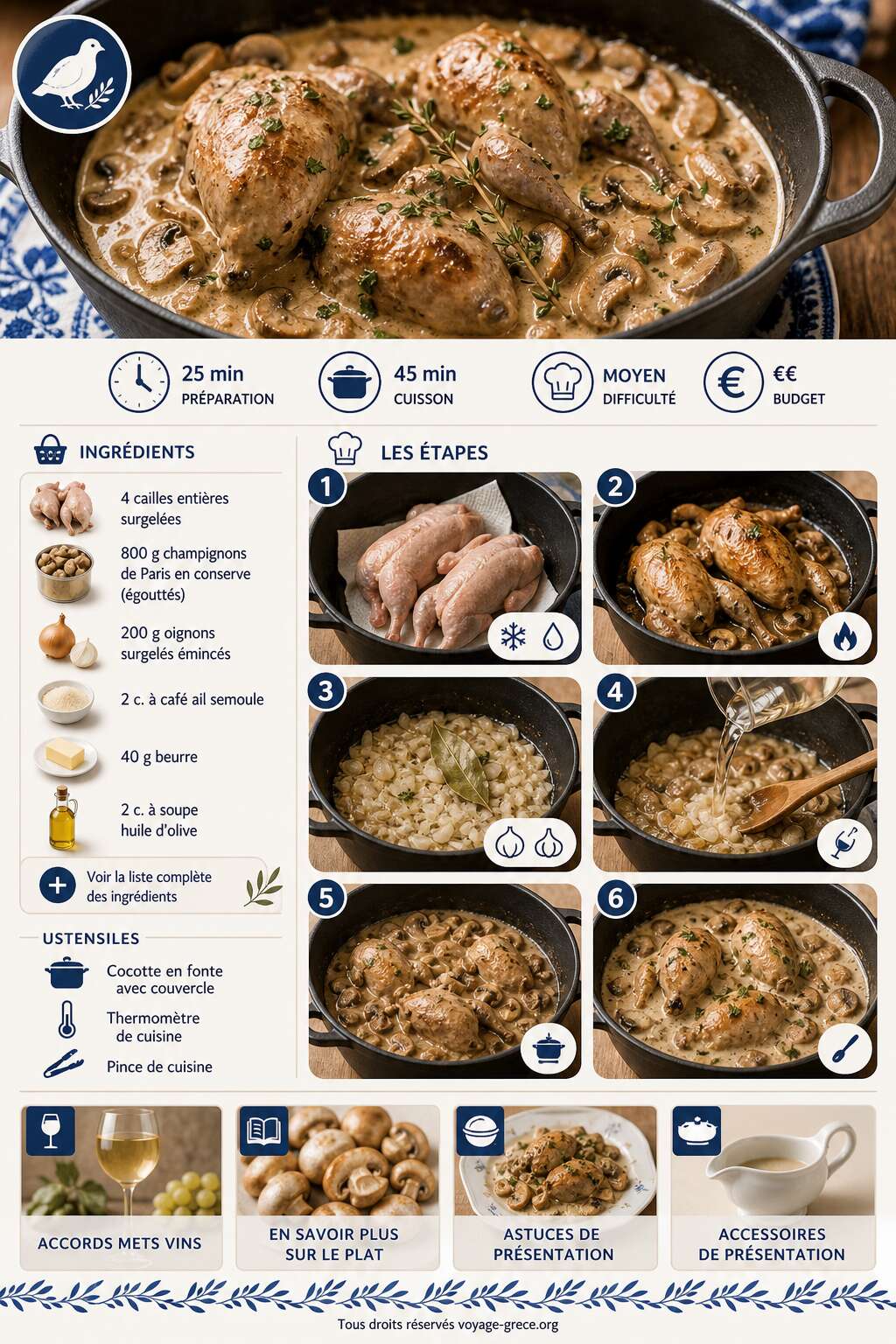 Fiche recette Cailles en cocotte aux champignons : recette savoureuse