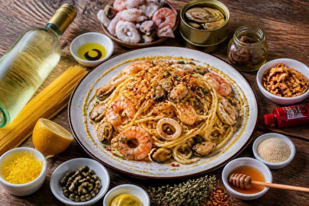 Recette de pâtes aux fruits de mer et condiment au citron