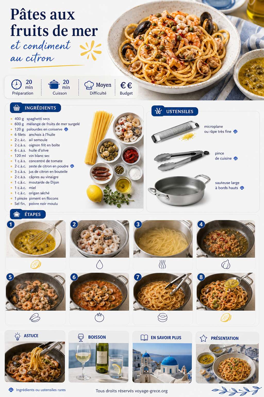 Fiche recette Recette de pâtes aux fruits de mer et condiment au citron Fiche recette Recette de pâtes aux fruits de mer et condiment au citron