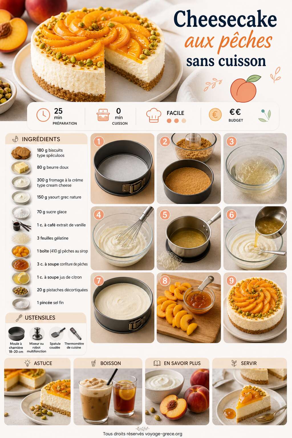 Fiche recette Cheesecake aux p&ecirc;ches sans cuisson : recette facile et rapide