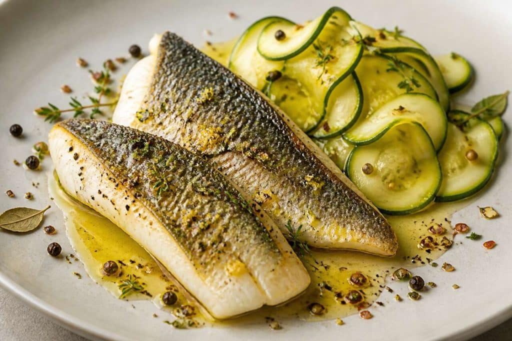 Bar au thym citron et pickles de courgettes : recette fraîche et savoureuse
