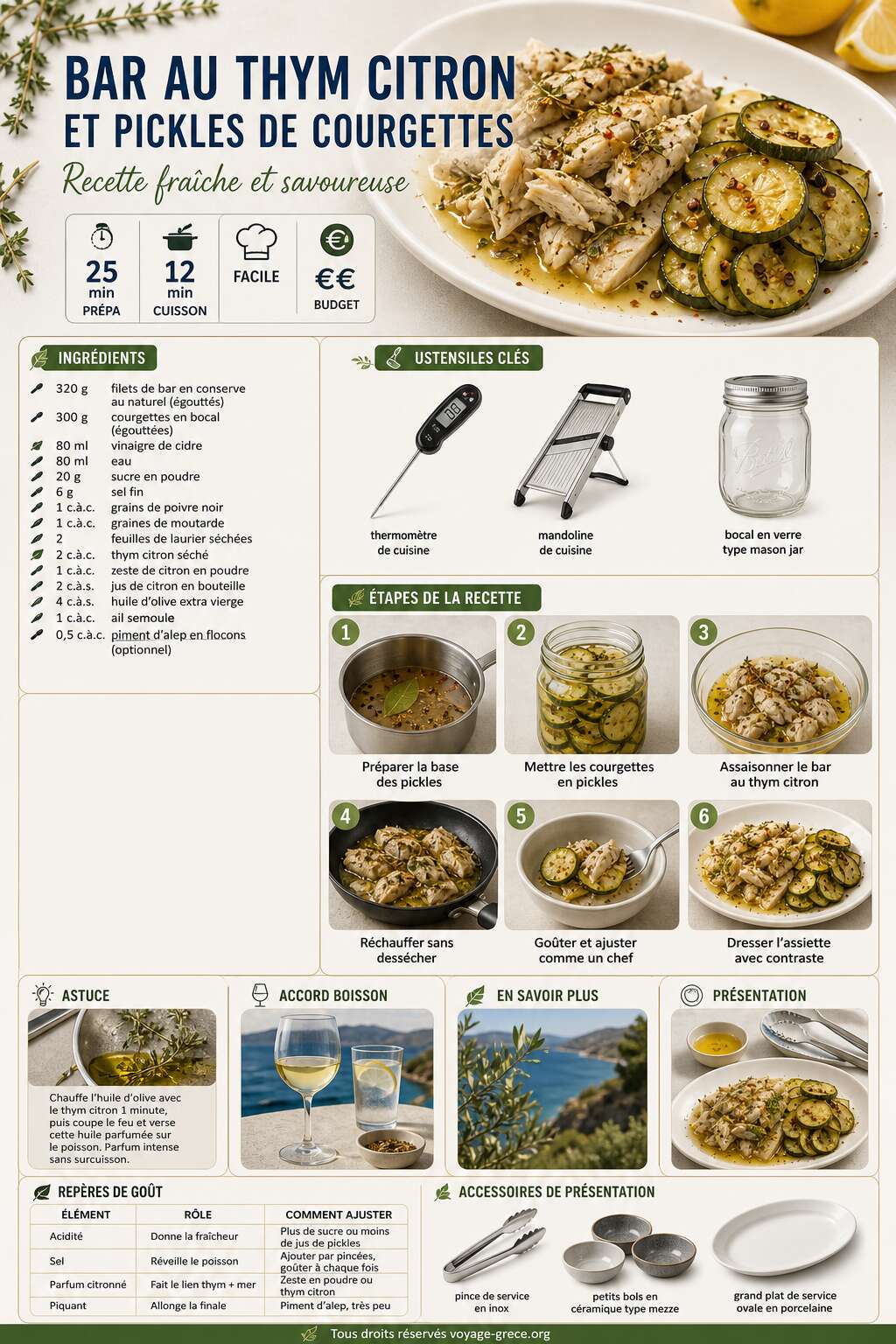Fiche recette Bar au thym citron et pickles de courgettes : recette fraîche et savoureuse Fiche recette Bar au thym citron et pickles de courgettes : recette fraîche et savoureuse