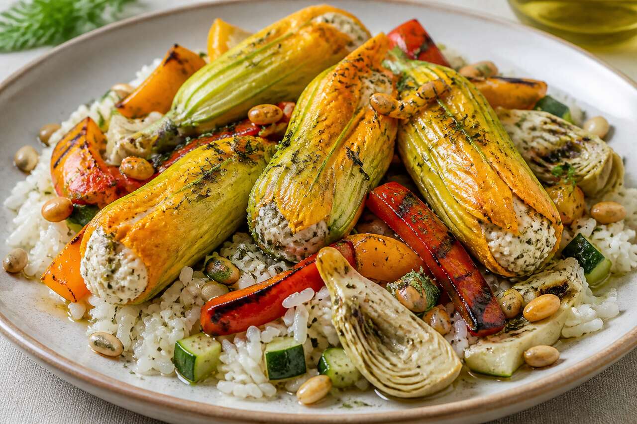 Fleurs de courgettes farcies aux légumes et brousse : recette savoureuse