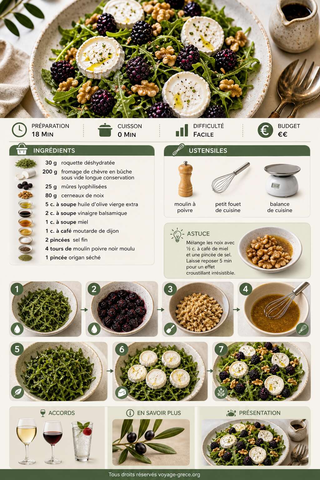 Fiche recette Salade de roquette, chèvre, mûres et noix : recette gourmande et facile Fiche recette Salade de roquette, chèvre, mûres et noix : recette gourmande et facile