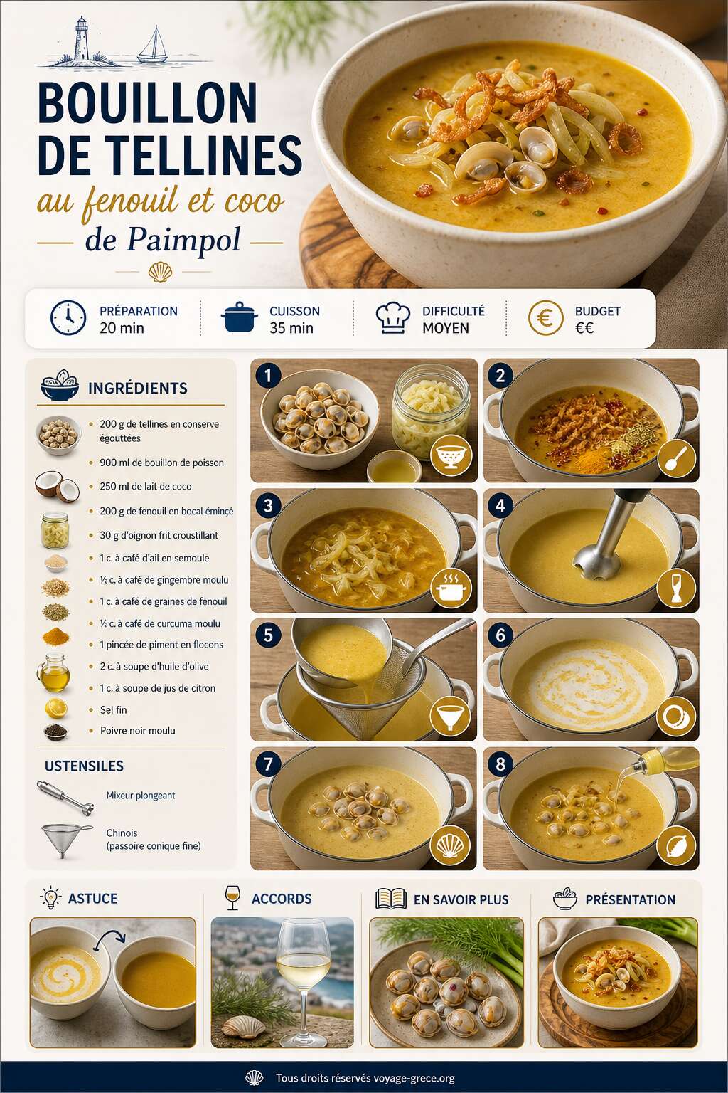 Fiche recette Bouillon de tellines au fenouil et coco de Paimpol : recette gourmande