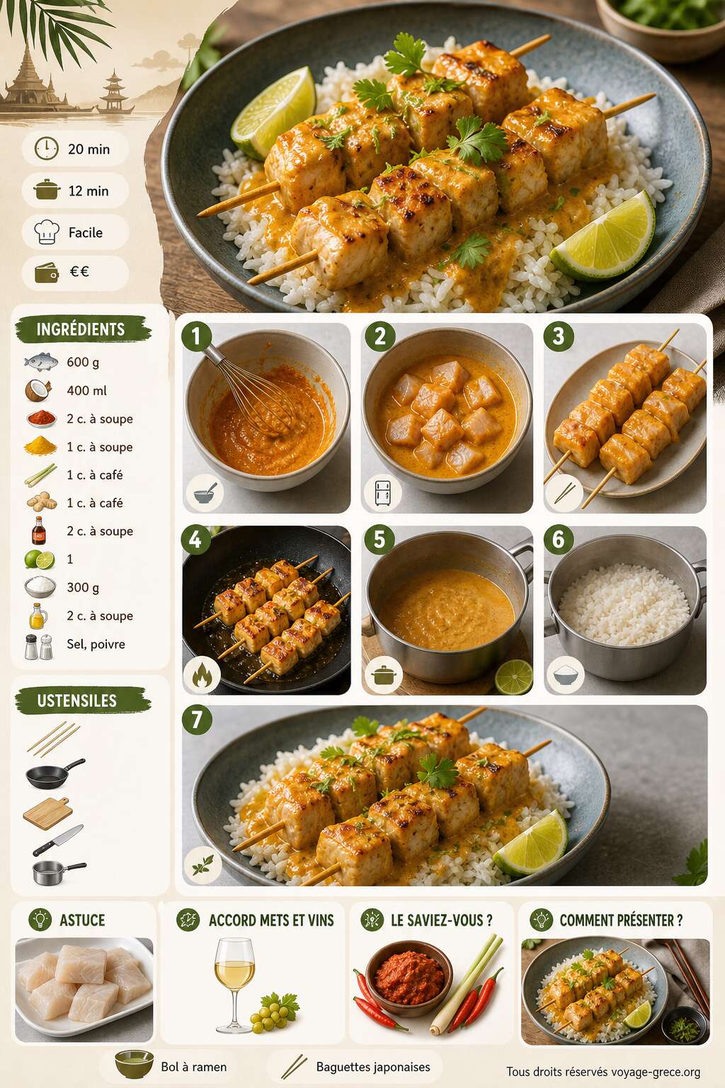Fiche recette Recette de brochettes de poisson au curry et lait de coco