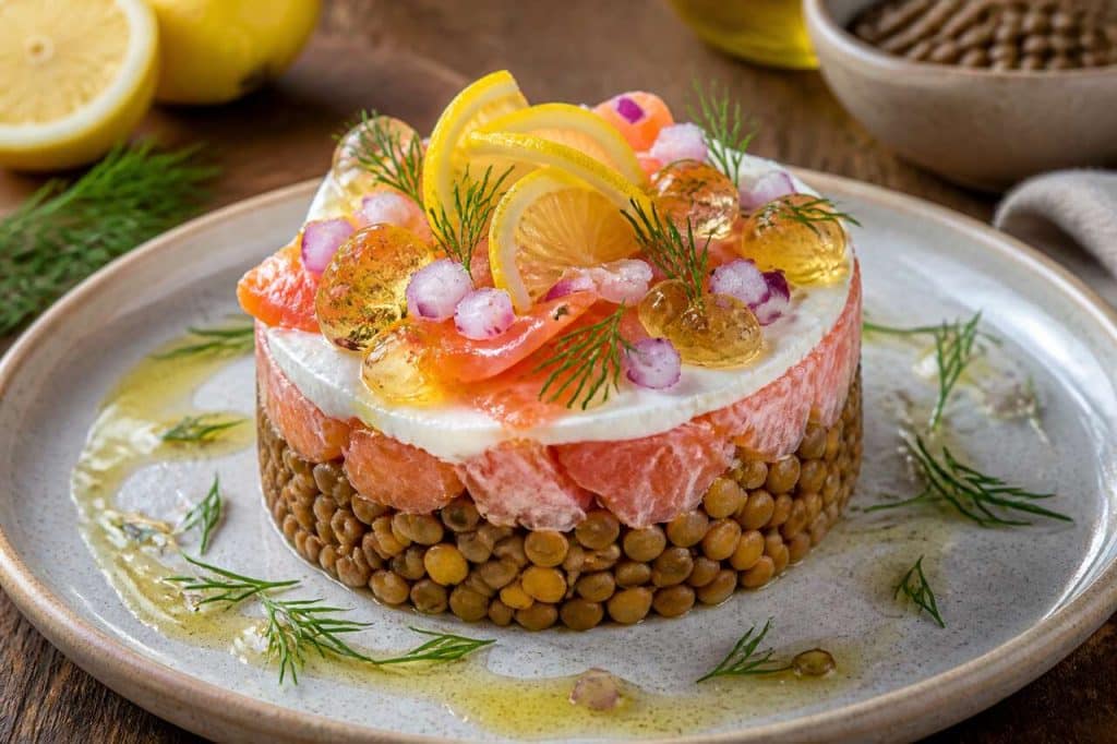 Recette de timbale de lentilles au saumon et ses disques d'eau de lentilles