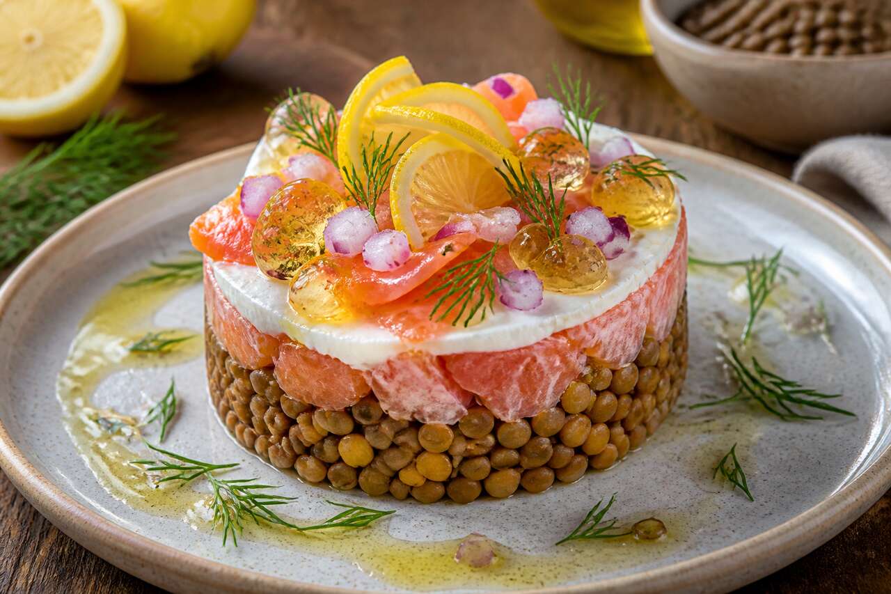 Recette de timbale de lentilles au saumon et ses disques d'eau de lentilles