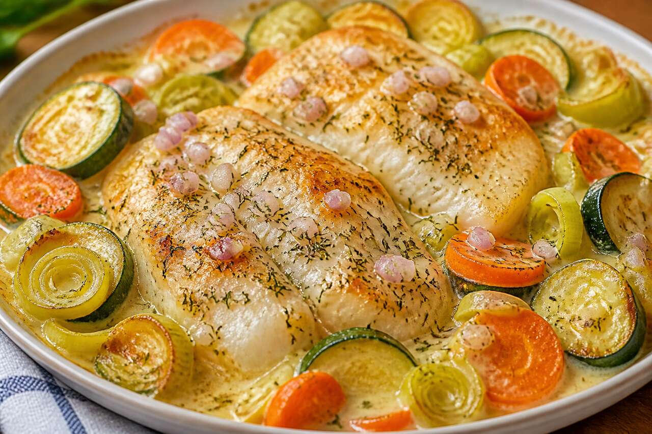 Recette de poisson au four et ses légumes croquants, sauce crémée