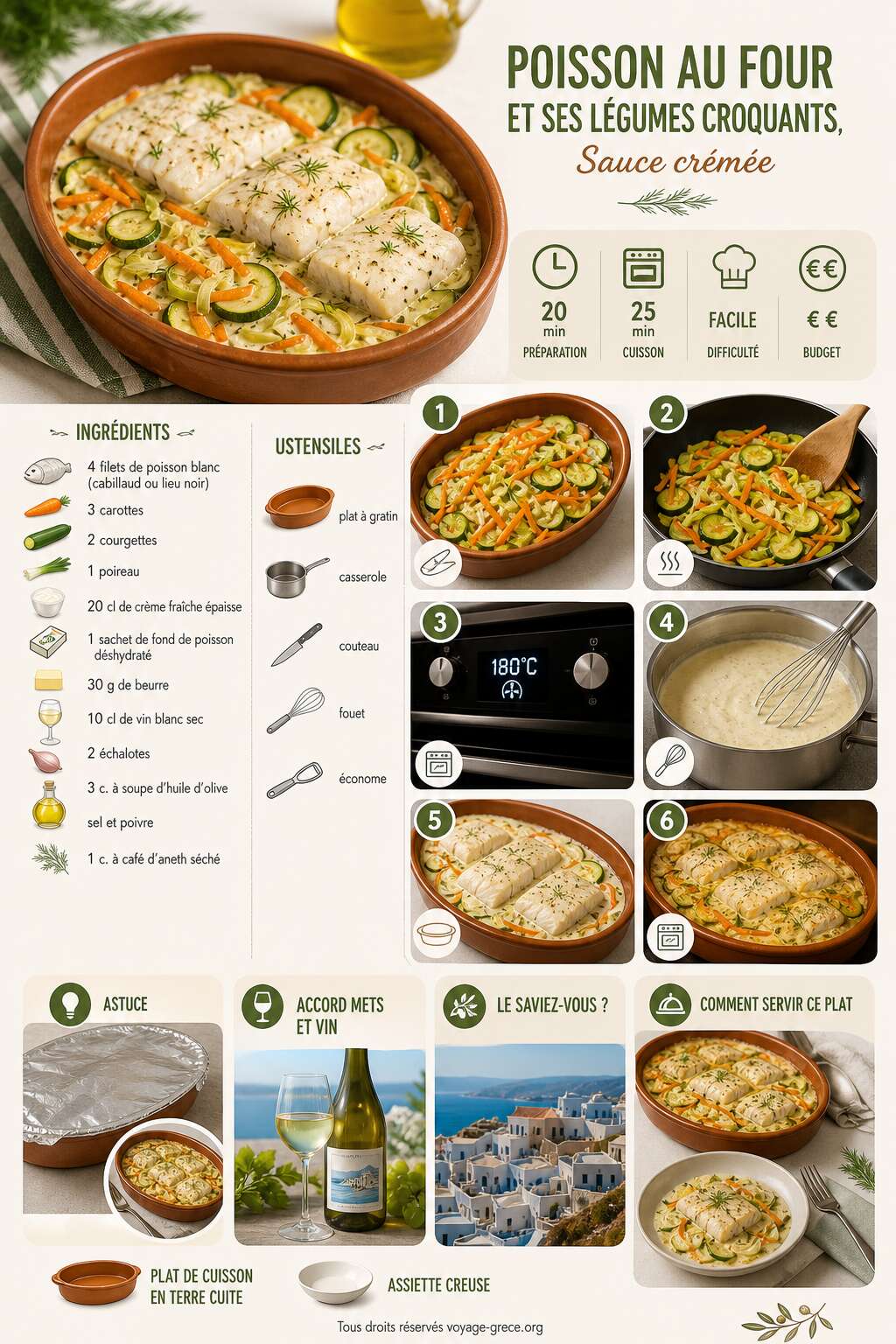 Fiche recette Recette de poisson au four et ses légumes croquants, sauce crémée Fiche recette Recette de poisson au four et ses légumes croquants, sauce crémée
