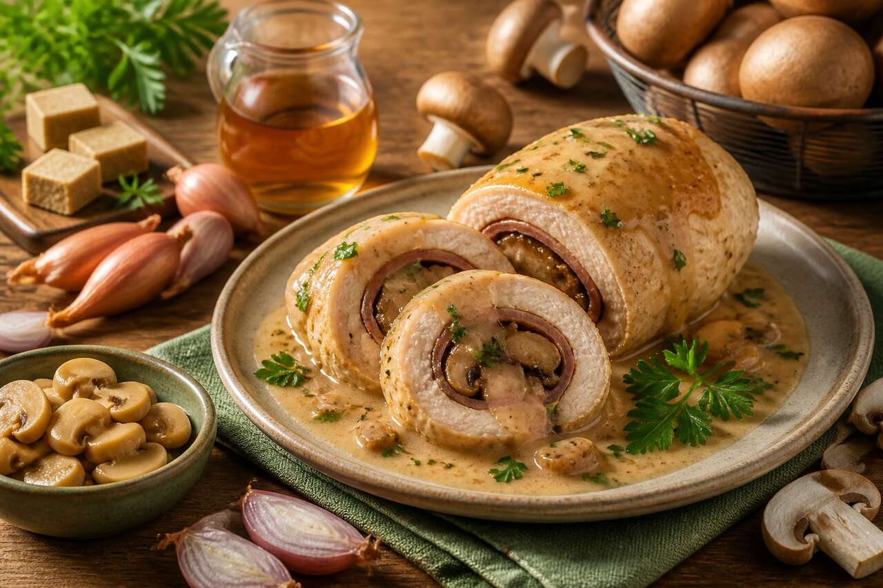 Recette de ballotine de poulet aux champignons et sauce au cognac