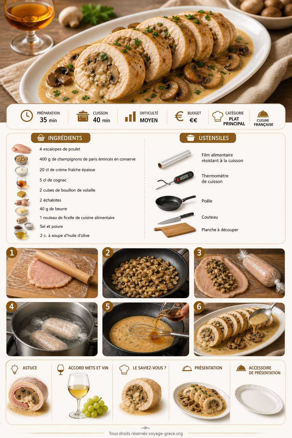 Fiche recette Recette de ballotine de poulet aux champignons et sauce au cognac Fiche recette Recette de ballotine de poulet aux champignons et sauce au cognac
