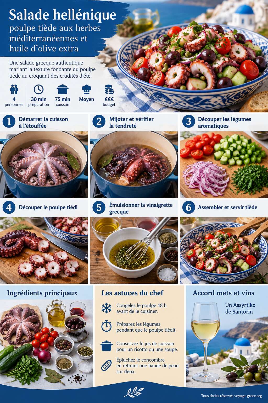 Fiche recette Salade hellénique : poulpe tiède aux herbes méditerranéennes et huile d'olive extra Fiche recette Salade hellénique : poulpe tiède aux herbes méditerranéennes et huile d'olive extra