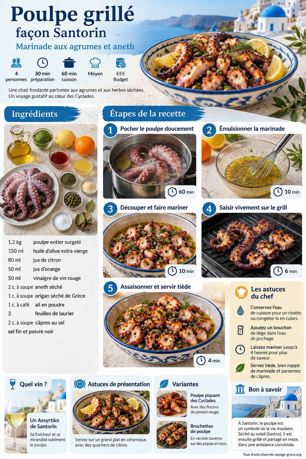Fiche recette Poulpe grillé façon Santorin, marinade aux agrumes et aneth Fiche recette Poulpe grillé façon Santorin, marinade aux agrumes et aneth