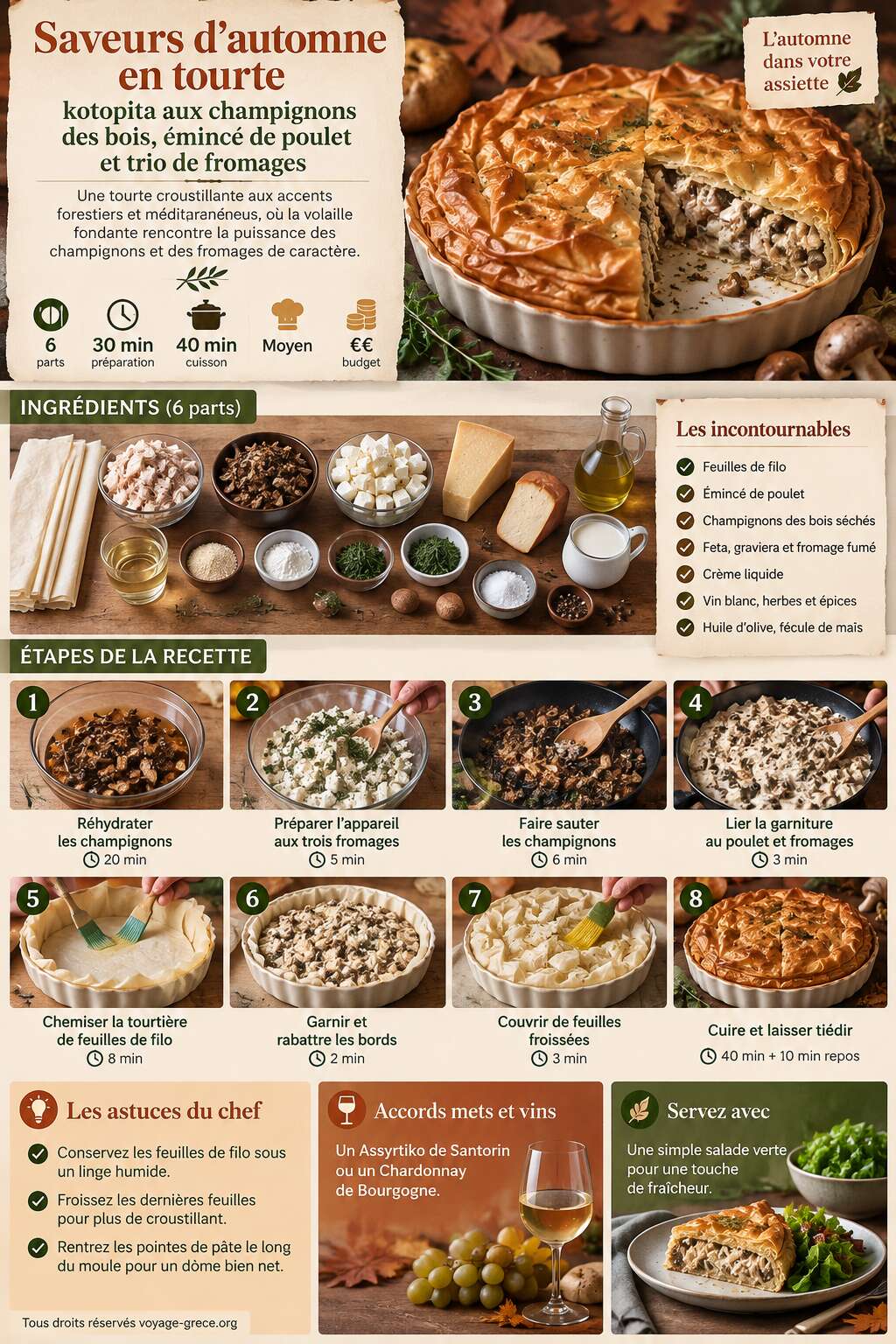 Fiche recette Saveurs d'automne en tourte : kotopita aux champignons des bois, &eacute;minc&eacute; de poulet et trio de fromages