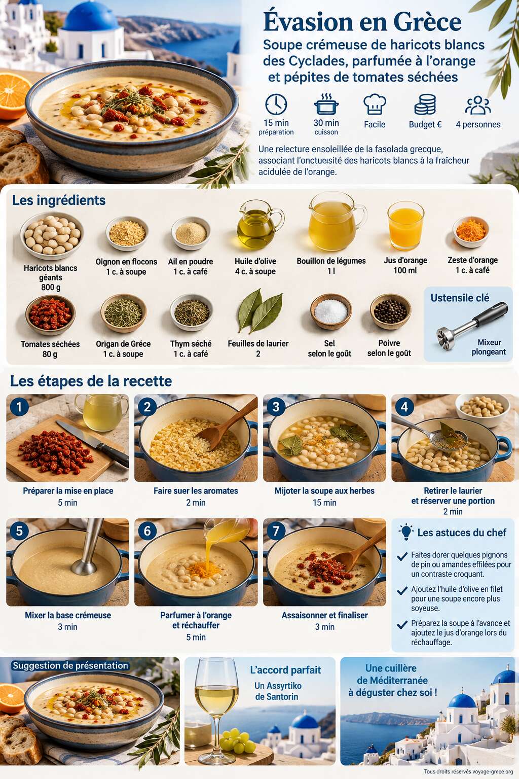 Fiche recette &Eacute;vasion en Gr&egrave;ce : soupe cr&eacute;meuse de haricots blancs des Cyclades, parfum&eacute;e &agrave; l'orange et p&eacute;pites de tomates s&eacute;ch&eacute;es
