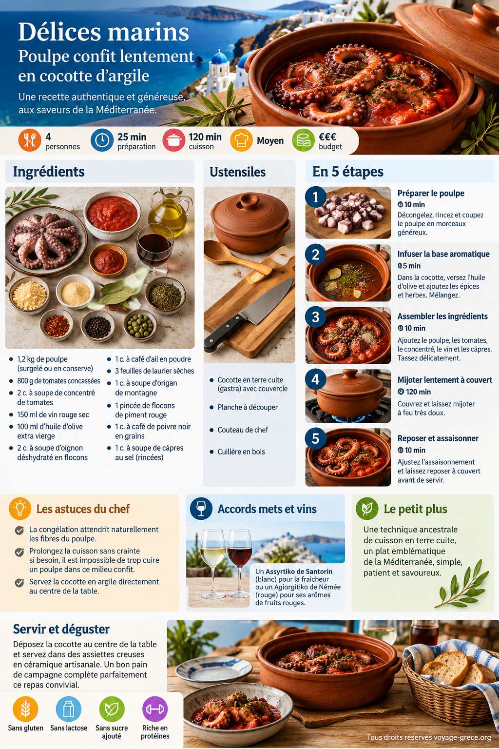 Fiche recette D&eacute;lices marins : poulpe confit lentement en cocotte d'argile