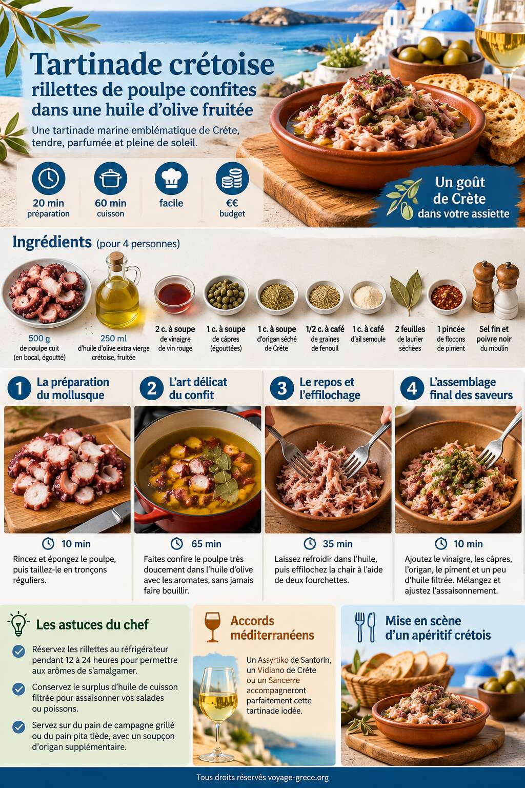 Fiche recette Tartinade crétoise : rillettes de poulpe confites dans une huile d’olive fruitée Fiche recette Tartinade crétoise : rillettes de poulpe confites dans une huile d’olive fruitée