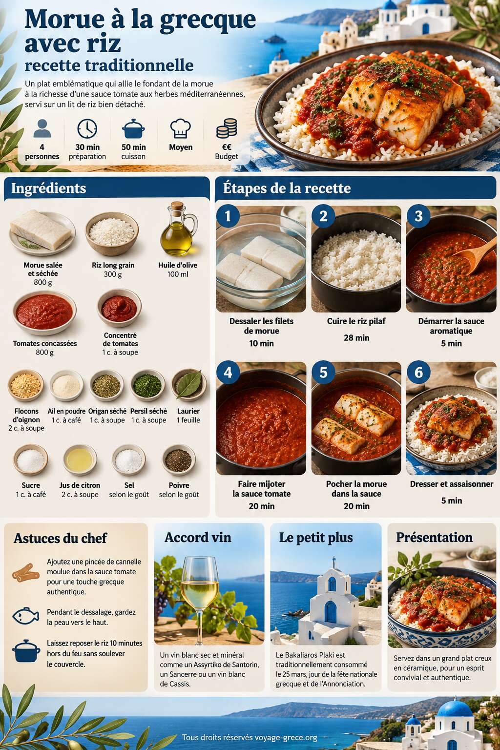 Fiche recette Morue à la grecque avec riz : recette traditionnelle Fiche recette Morue à la grecque avec riz : recette traditionnelle